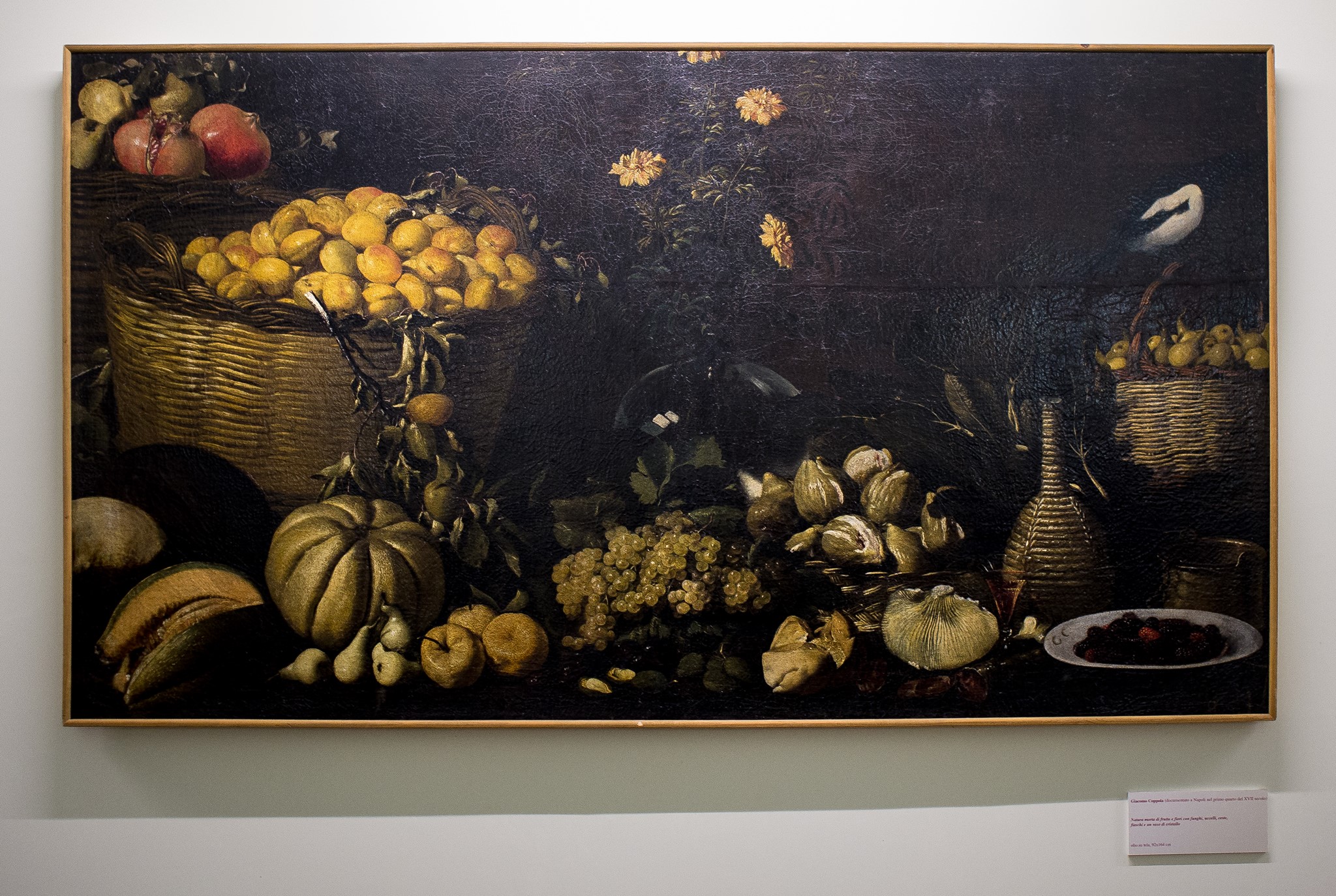 Giacomo Coppola (documentato a Napoli nel primo quarto del XVII secolo) "Natura morta di frutta e fiori con funghi, uccelli, ceste, fiaschi e un vaso di cristallo" Olio su tela, 92x164 cm Siglata in basso a destra, sul piattello di ceramica "G. C."  Opera attribuita a Giacomo Coppola, pittore di nature morte e paesaggi. Quest'ultima attribuzione di fatto anticipa notevolmente la nascita della natura morta napoletana tra la fine degli anni '10 e gli inizi degli anni '20 del Seicento.