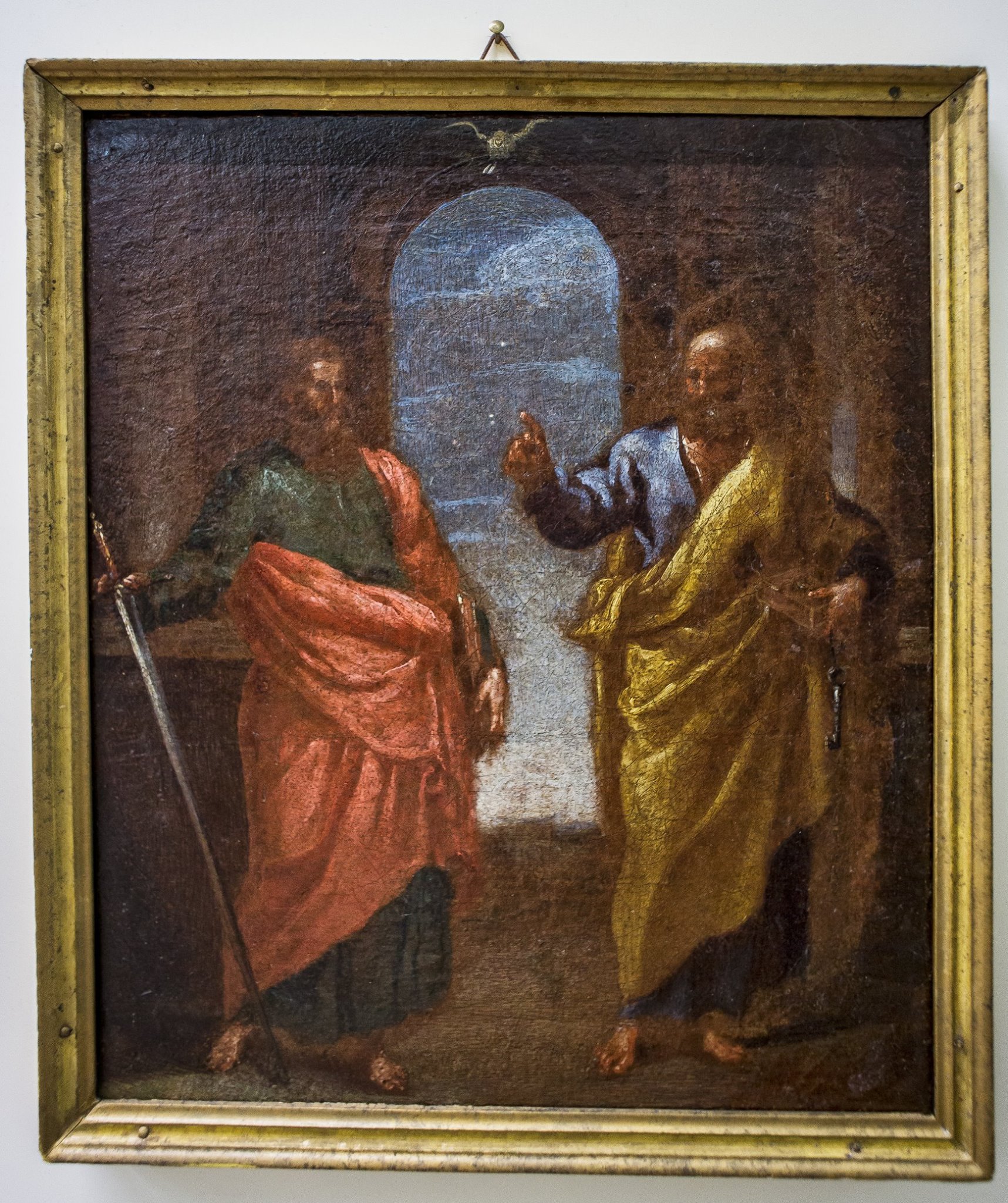 Giovanni Andrea Coppola (1597-1659) "S.Pietro e S.Paolo" olio su tela, 36x31 cm  E' un'opera di soggetto sacro e di estrema delicatezza e qualità, è sicuramente uno tra i dipinti più importanti della Collezione, riconoscendosi la mano del pittore per la preziosità cromatica e le filanti vibrazioni della luce. Il riferimento a Raffaello della Scuola di Atene è evidente nella composizione e nella presenza scenica dei due santi, dalla tuniche con ricchi panneggi. Pietro e Paolo sono raffigurati frontalmente e nel medesimo atteggiamento.