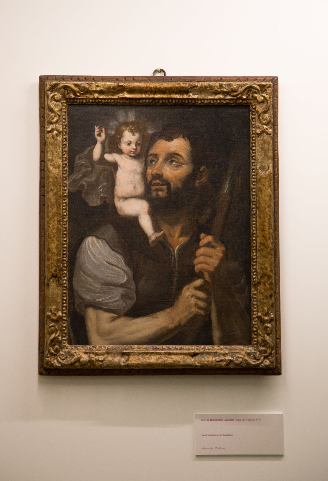 Giovan Bernardino Azzolino (copia da ?) "S.Cristoforo con bambino" olio su tela, 57x43 cm  Segnalato da Vincenzo Pugliese come copia dal Ribera e attribuito al Coppola. Il dipinto si riferisce alla fortuna incontrata dalle composizioni del Valenzano in Puglia. Lo stesso soggetto è stato realizzato dal Ribera e da Stanzione.